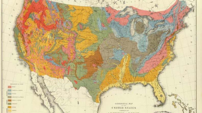 Geological map from a statistical atlas—the first of its kind—that accompanied the 1870 U.S. Census. Compiled by Francis Amasa Walker, the atlas is considered a landmark in cartography for its innovative maps of climactic, economic, and social variables.
