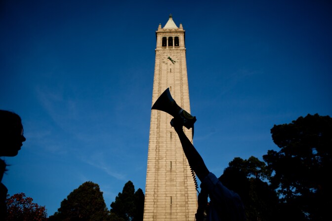 BERKELEY - NOVEMBER 15: University of California, Berkeley students march through campus as part of an "open university" strike in solidarity with the Occupy Wall Street movement November 15, 2011 in Berkeley, California.  Teach-outs, workshops, public readings, and marches will culminate in an attempt to re-establish an Occupy Cal encampment that was shut down by police last week. (Photo by Max Whittaker/Getty Images)