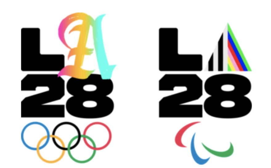 Logos for the LA28 Olympics. In both, LA is stacked above 28. The Olympics logo has the traditional five interlocking rings and LA has an Old English "A"; the Paralympic logo has three multicolored quarter-moon shapes and the "A" is a pyramid shape filled in with multicolored stripes.