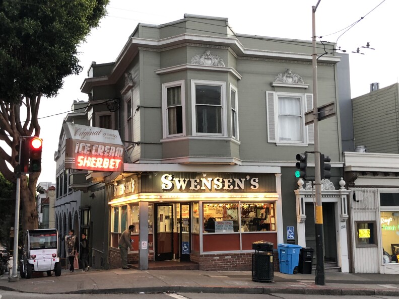 a two-story, gray Victorian building with a sign that reads "Swensen's. ice cream. sherbet."