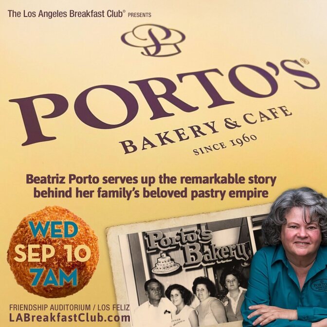 A promotional flyer for Porto's Bakery & Cafe featuring their signature logo and yellow brand color. A photo of Beatriz Porto and another old-school photo of the Porto family is layer in the bottom left. 