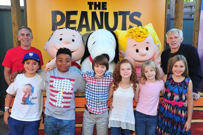 (L-R) Director Steve Martino, Alexander Garfin, Marleik Mar Mar Walker, Noah Schnapp, Francesca Capaldi, Mariel Sheets Hadley Belle Miller and writer/producer Craig Schulz attend.