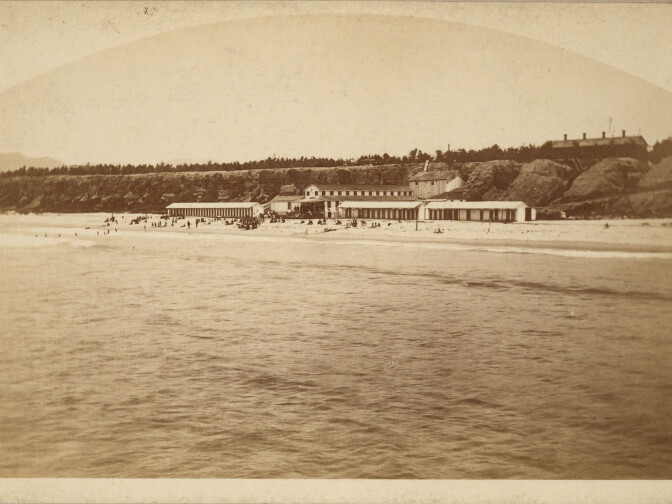 Carleton Watkins (1829–1916), Beach and Bathing House at Santa Monica, ca. 1877. Albumen print,   Ernest Marquez Collection. The Huntington Library, Art Collections, and Botanical Gardens.