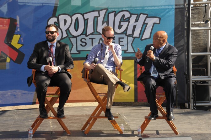 SAN DIEGO, CA - JULY 22:  (L-R) Andrew Aydin, Nate Powell and Congressman John Lewis attend Entertainment Weekly Con-X at Embarcadero Marina Park North on July 22, 2016 in San Diego, California.  (Photo by Dave Mangels/Getty Images for Entertainment Weekly)