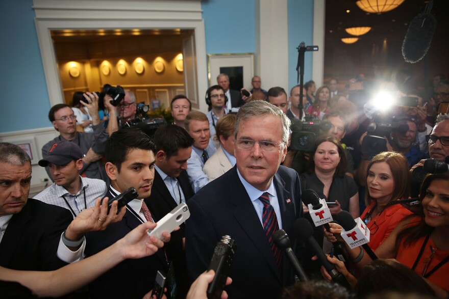 ORLANDO, FL - JUNE 02:  Former Florida Governor Jeb Bush and possible Republican presidential candidate speaks to the media after addressing the Rick Scott's Economic Growth Summit held at the Disney's Yacht and Beach Club Convention Center on June 2, 2015 in Orlando, Florida. Many of the leading Republican presidential candidates are scheduled to speak during the event.  (Photo by Joe Raedle/Getty Images)