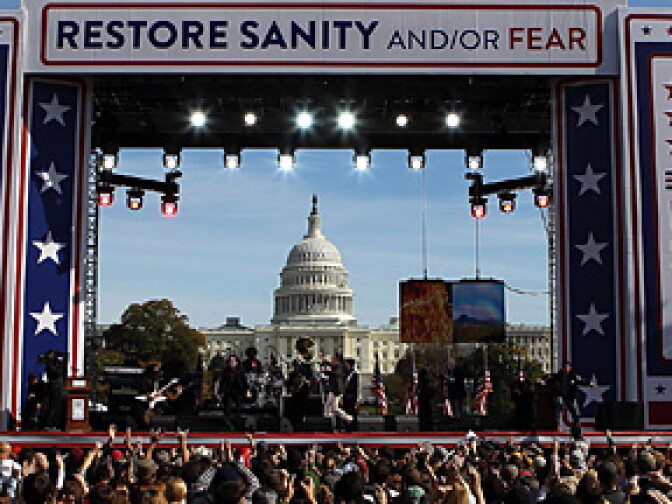 Steven Colbert and Jon Stewart perform at the Rally To Restore Sanity And/Or Fear on the National Mall on October 30, 2010 in Washington, DC. Stewart and Colbert held the rally, which tens of thousands of people attended.