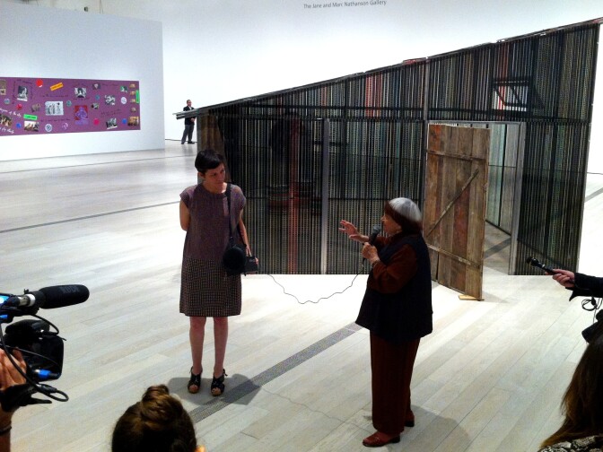 Agnes Varda with LACMA curator Rita Gonzales at the new installation, "Agnes Varda in Californialand."