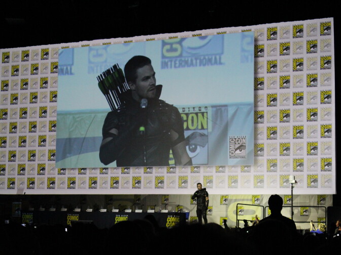 Stephen Amell dressed as his "Arrow" character, delivering the show's opening monologue in character at San Diego Comic-Con 2015.