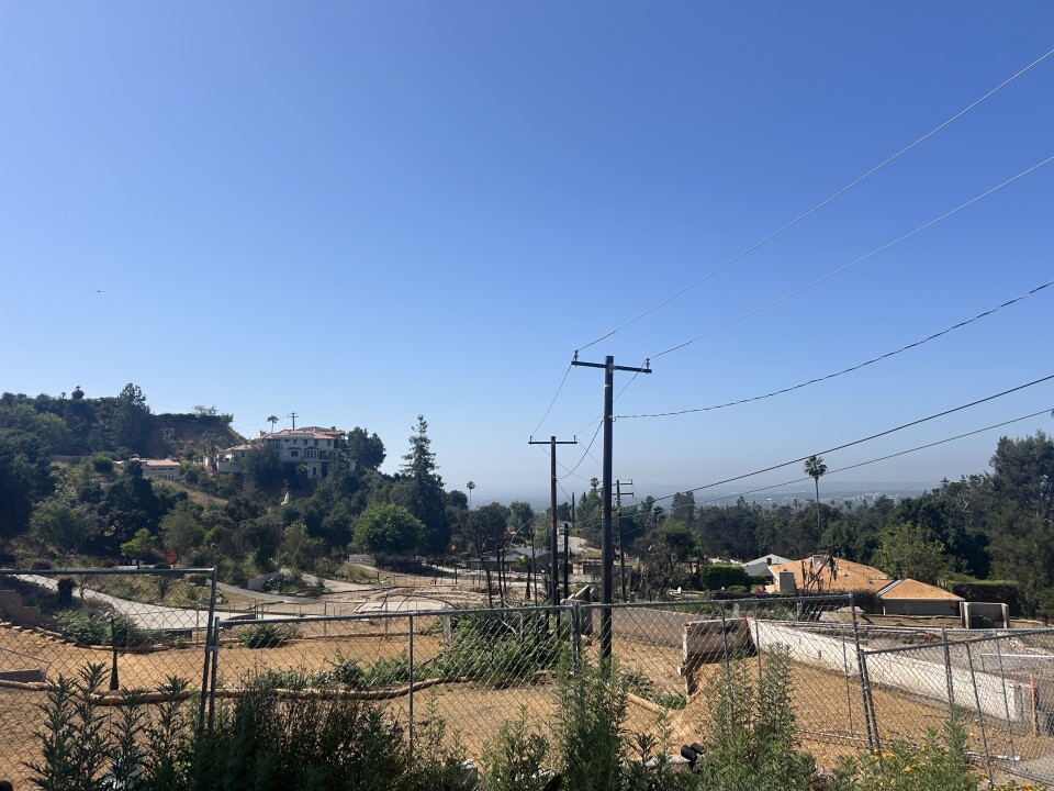 A wide shot of power lines in a neighborhood of cleared lots. 