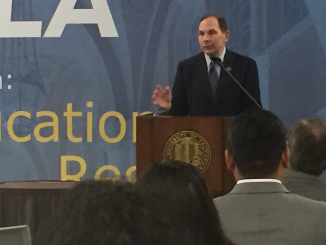 Department of Veterans Affairs Secretary Bob McDonald speaking at an event at UCLA, asking landlords to offer leases to homeless veterans with housing vouchers.