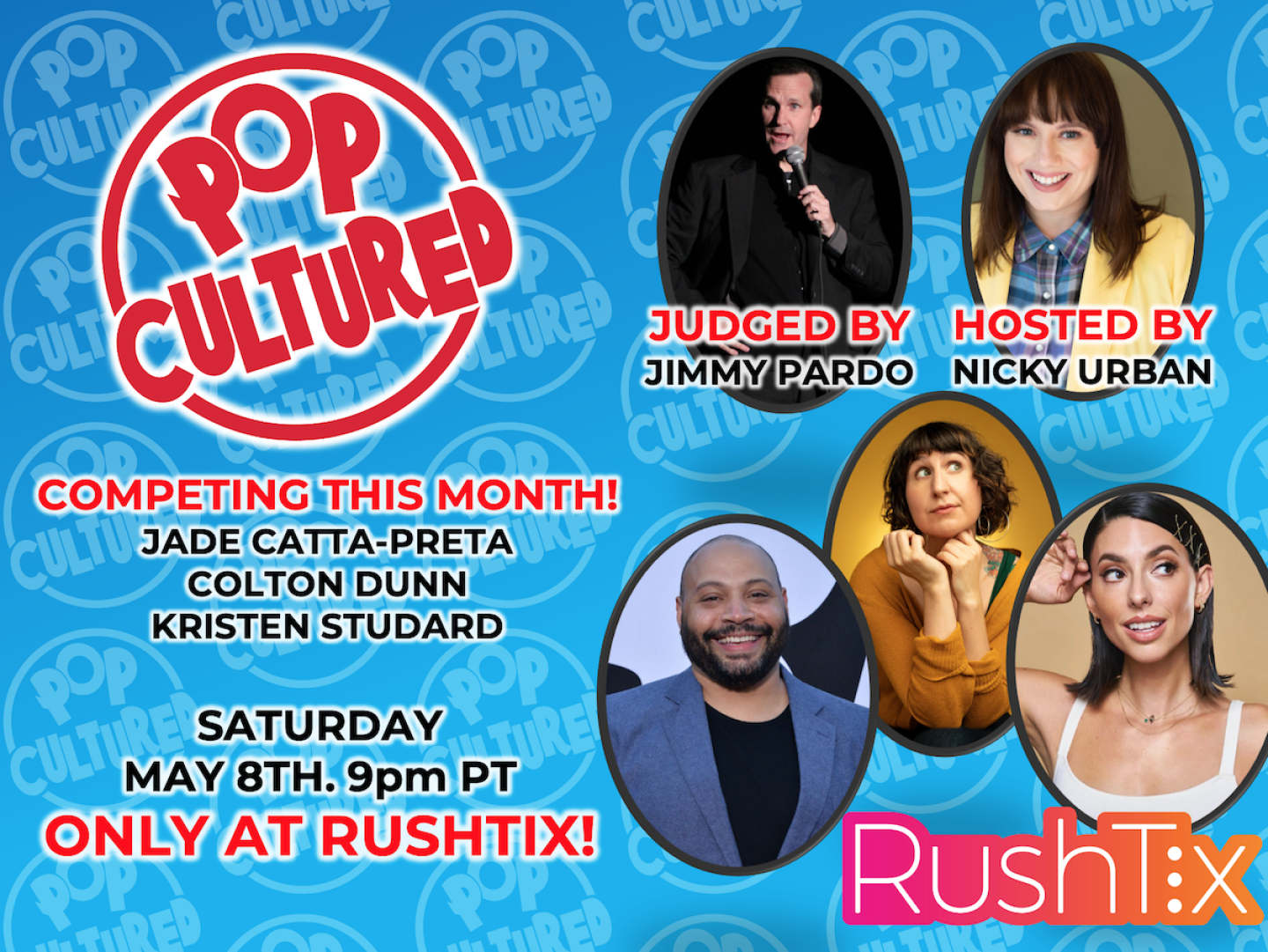poster for Pop Cultured game show with images of hosts and contestants
