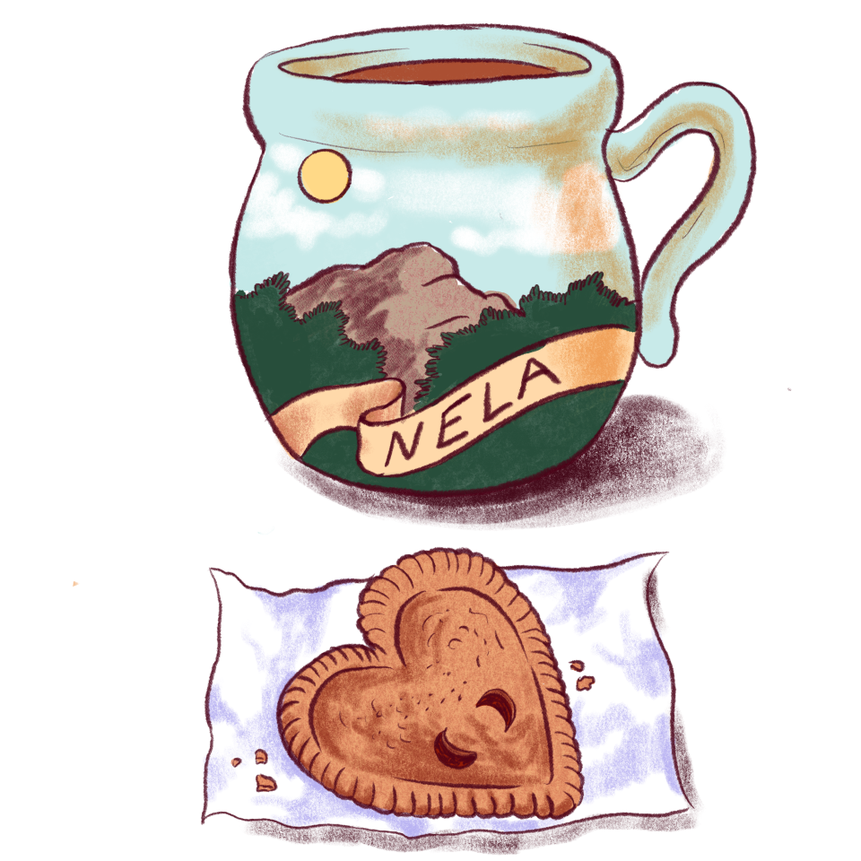 An illustration of a coffee mug and heart-shaped cookie on a white background. The mug has a mountain-ness landscape on it with a banner that says "NELA" across it.