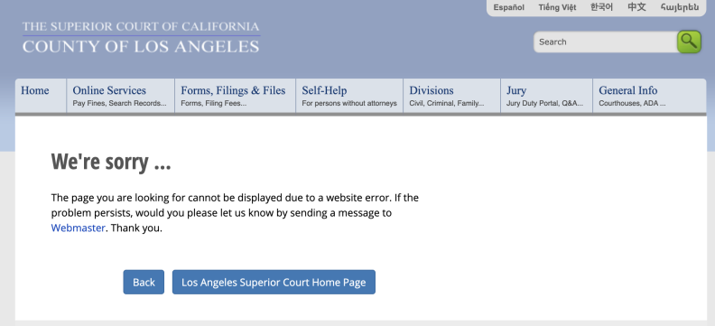 A message warns the web user that the page on the LA County courts website cannot be displayed