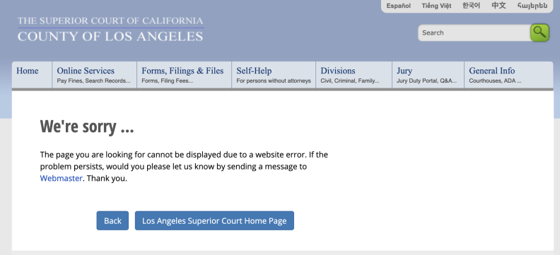 A message warns the web user that the page cannot be displayed on the LA County Courts website