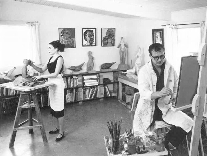 Maxine Kim Stussy and Jan Stussy at work in their studio. "The Human Beast: Art of Maxine Kim Stussy & Jan Stussy," is at WUHO (6518 Hollywood Blvd., Los Angeles, CA 90028) through February 9.