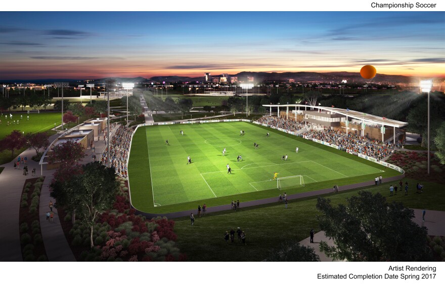 Artist rendering of the championship soccer field in progress at Irvine's Great Park. 