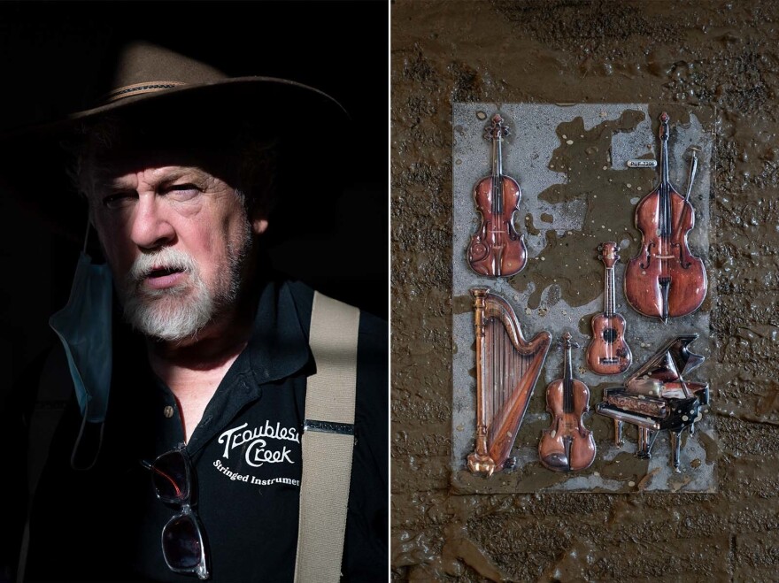Left: Doug Naselroad inspects recent flood damage at the Troublesome Creek Stringed Instrument Co. factory. Right: Remnants of recent flooding is seen at the factory.