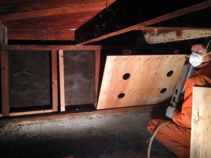A contractor with Seismic Safety shows the proper technique for applying plywood braces to a cripple wall.