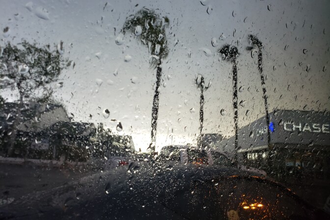 The view through a car window of a rainy LA; there are water drops on the glass, four windblown palm trees are silhouetted against a grey sky, and the Chase sign on a bank building glows white and blue in the eerie light. 