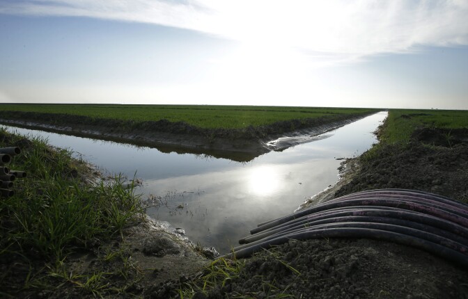 FILE - In this Feb. 25, 2016, file photo, water flows through an irrigation canal to crops near Lemoore, Calif. The California Supreme Court is set to issue a ruling Thursday, July 21, 2016, that could add millions of dollars to the governor's $15.7 billion plan to build two giant water tunnels in the Sacramento-San Joaquin Delta. (AP Photo/Rich Pedroncelli, File)