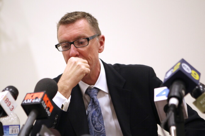 Los Angeles schools Supt. John Deasy  speaks during a press conference at South Region High School #2 in Los Angeles, California February 6, 2012.  Deasy earlier informed parents at a community meeting that the district is replacing the entire staff of Miramonte Elementary School in the wake of the arrests last week of two teachers on lewd conduct charges. Miramonte teacher Mark Berndt, who worked at the school for 30 years, was arrested last week for allegedly gagging, blindfolding and then photographing his students and for putting cockroaches on their faces.  A second teacher,  Martin Bernard Springer, was arrested on Friday, also on  suspicion of committing sexual crimes against students.  AFP PHOTO / Krista Kennell (Photo credit should read Krista Kennell/AFP/Getty Images)