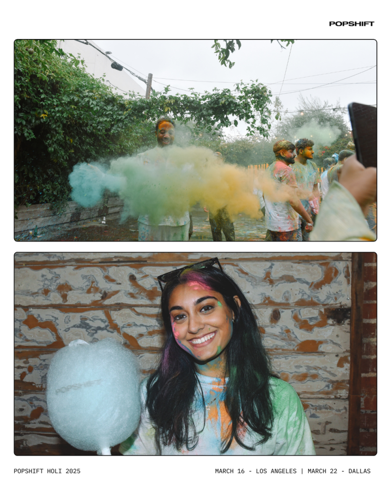A collage of two images. On top, a man smiles as a chalky puff of colors bursts in front of him. On the bottom, a woman covered in colors holds a blue cotton candy wand.