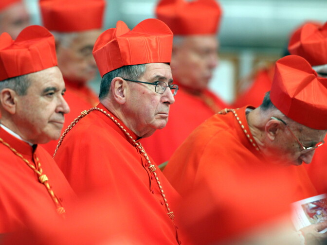 VATICAN CITY, VATICAN - FEBRUARY 18:  Cardinal Roger Mahony former archbishop of Los Angeles  (C) attends the concistory held by Pope Benedict XV at the Saint Peter's Basilica  on February 18, 2012 in Vatican City, Vatican. The 84 year old Pontiff installed 22 new cardinals during the ceremony, who will be responsible for choosing his sucessor.  (Photo by Franco Origlia/Getty Images)