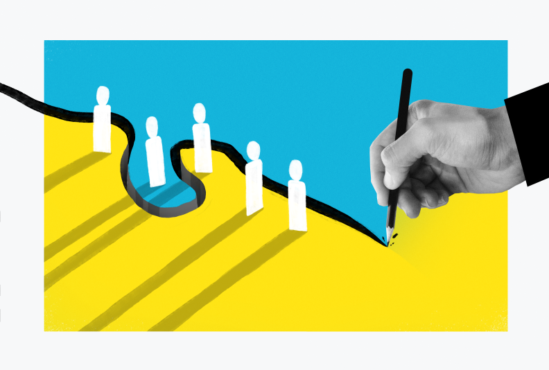 A hand draws a dark wavy line that weaves through a handful of icons representing people. The line creates a chasm between the people. One side of the line is yellow, the other is blue.