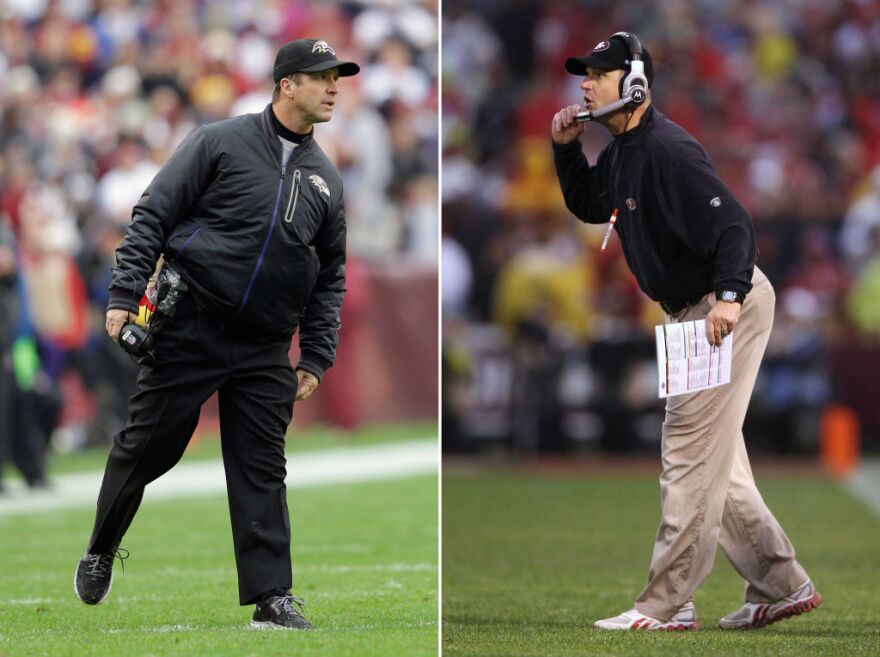 In this composite image a comparison has been made between Head coach John Harbaugh of the Baltimore Ravens (L) and his brother Head coach Jim Harbaugh of the San Francisco 49ers. Jim and John Harbaugh will become the first brothers to face each other as coaches in the Super Bowl.  