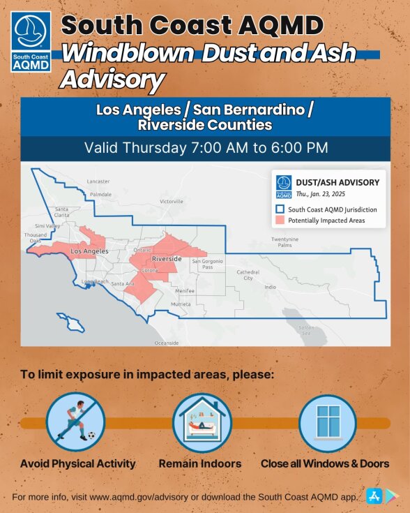 An area in red is marked for a ash advisory in the northwestern corner and central areas of a map that shows L.A. and Riverside counties.