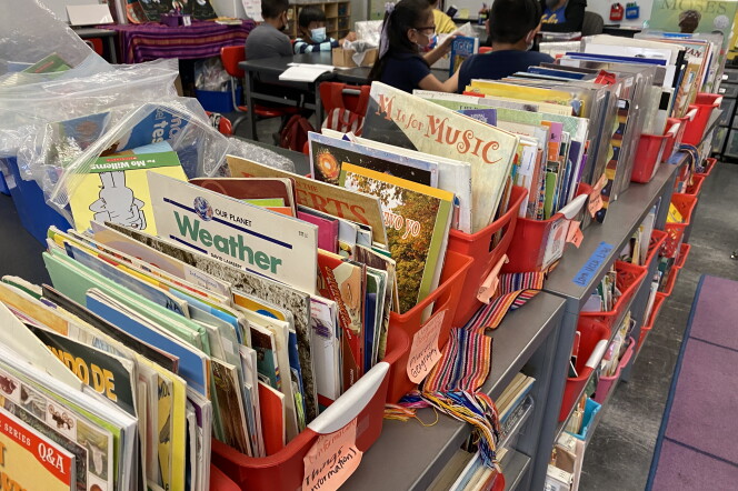 A series of bins on top of a roughly-waist-high bookshelf hold more than 100 short books, apparently sorted by subject matter, in a public school classroom with students seated at desks in the background.