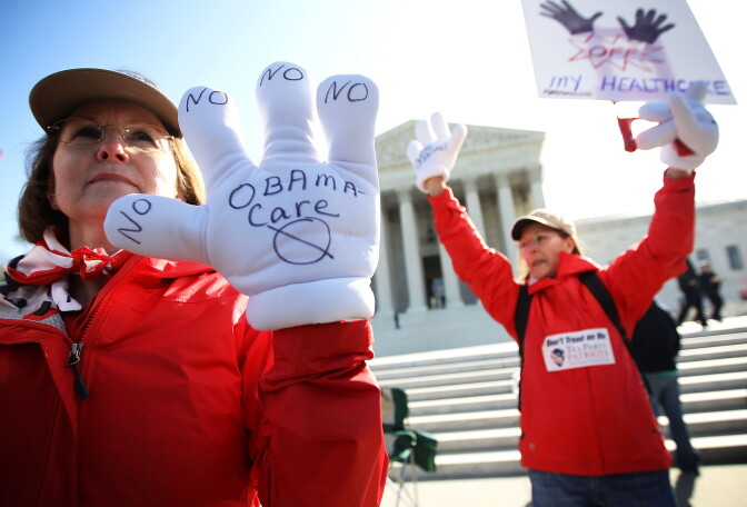 Tea Party members protest the Obamacare in front of the U.S. Supreme Court March 27, 2012 in Washington, DC. A recent NBC/WSJ poll found that 45% of Americans don't think the Affordable Care Act is a good idea.