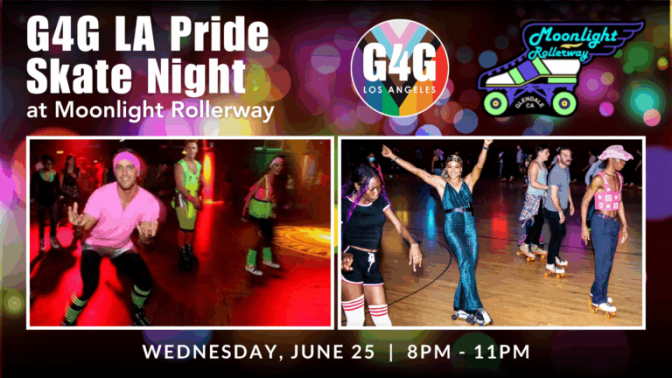 Side by side photos of people wearing bright outfits while skating at a roller rink.