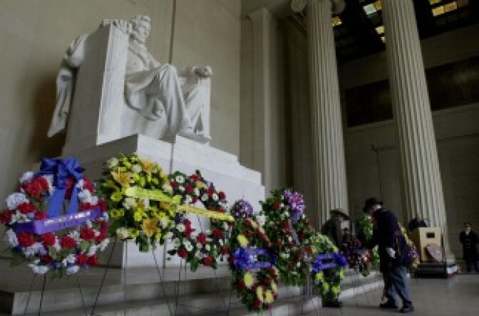 The 195th anniversary of Abraham Lincoln's birth is commemorated with a wreath laying ceremony on Feb. 12, 2004, at the Lincoln Memorial in Washington, DC. Lincoln's birthday actually falls on Feb. 12, but is now observed as a national holiday on Presidents Day, Feb. 16, which combines the birthdays of Lincoln and George Washington.