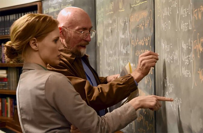 Physicist Kip Thorne with actress Jessica Chastain on the set of "Interstellar."