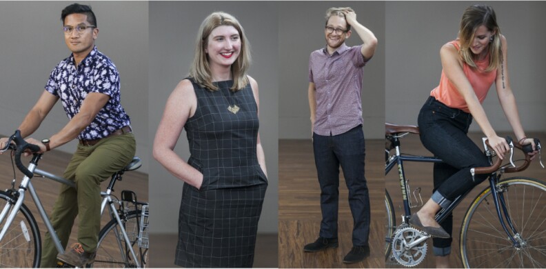 KPCC staffers (l-r) Leo Duran, Maura Walz, Jacob Margolis and Tracey Molineux all trying on pants and dresses designed for biking and regular life.