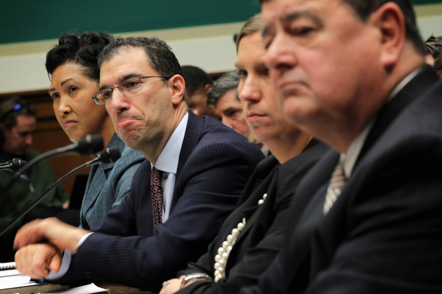 WASHINGTON, DC - OCTOBER 24:  (L-R) Senior vice president of CGI Federal Cheryl Campbell, group executive vice president for Optum/QSSI Andrew Slavitt, corporate counsel for Equifax Workforce Solutions Lynn Spellecy, and program director for Serco John Lau testify during a hearing on implementation of the Affordable Care Act before the House Energy and Commerce Committee October 24, 2013 on Capitol Hill in Washington, DC. Developers who helped to build the website for people to buy health insurance under Obamacare testified before the panel on what had gone wrong to cause the technical difficulties in accessing the site. 