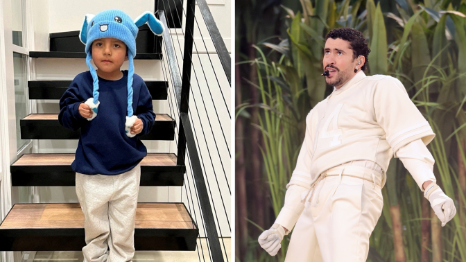 A side by side photo of a small child with medium skin tone, on the left, wearing blue bunny ears inspired beanie, standing on a set of stairs, and on the left, Bad Bunny, a man with medium skin tone, wearing a white white and pants, singing in front of tall plants.