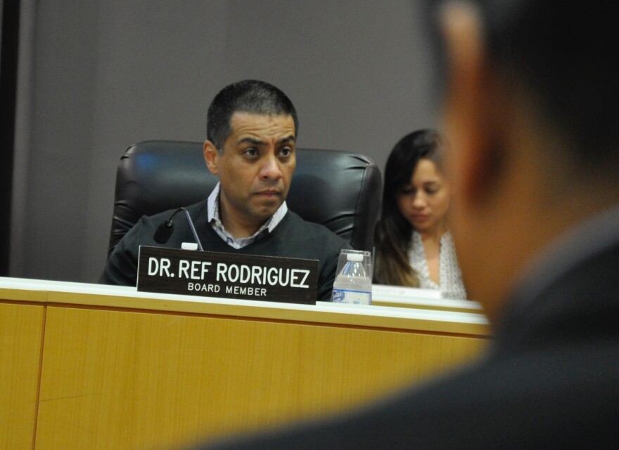 Los Angeles Unified School District board member Ref Rodriguez attends a Committee of the Whole meeting on Tues., Sept. 19, 2017.