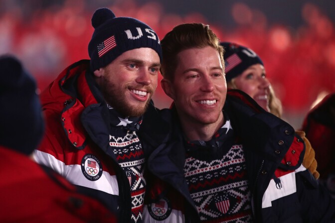 Gus Kenworthy and Shaun White of the United States enter the stadium during the Opening Ceremony of the PyeongChang 2018 Winter Olympic Games on February 9, 2018.