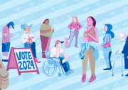 An illustration of Angelenos of many different ages and backgrounds standing near a sign reading "Vote 2024," some looking at their phones, some waiting. Background is shades of light blue with starts and stripes.