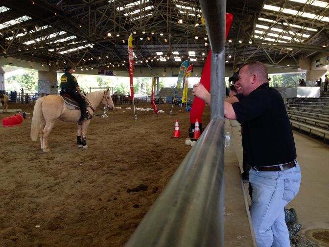Officers watch training exercises at a mounted police conference in Los Angeles. 