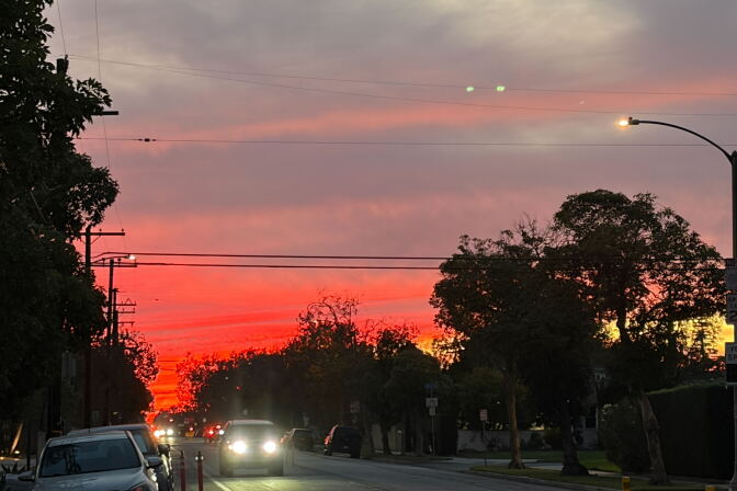 Yesterday's sunset in Los Angeles, California. The sky is red and pink in the background and gets gradually whiter in the foreground. There are trees on either side and cars driving on a road.