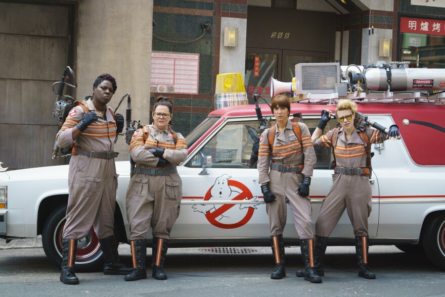 Ghostbuster's Patty Tolan (Leslie Jones), Abby Yates (Melissa McCarthy), Erin Gilbert (Kristen Wiig) and Jillian Holtzmann (Kate McKinnon) in Columbia Pictures' GHOSTBUSTERS.