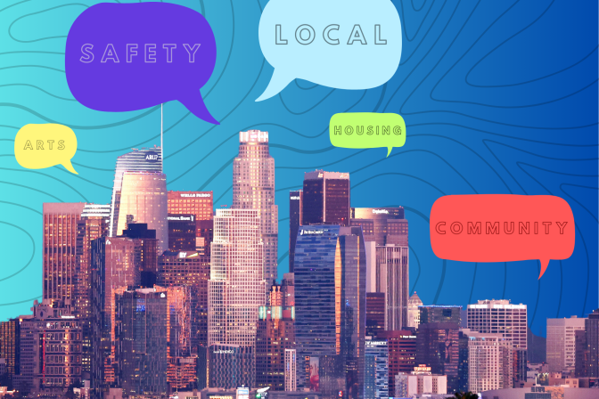 Los Angeles skyline atop a colorful blue background with speech bubbles in the area including the words safety, local, housing, community, arts. 