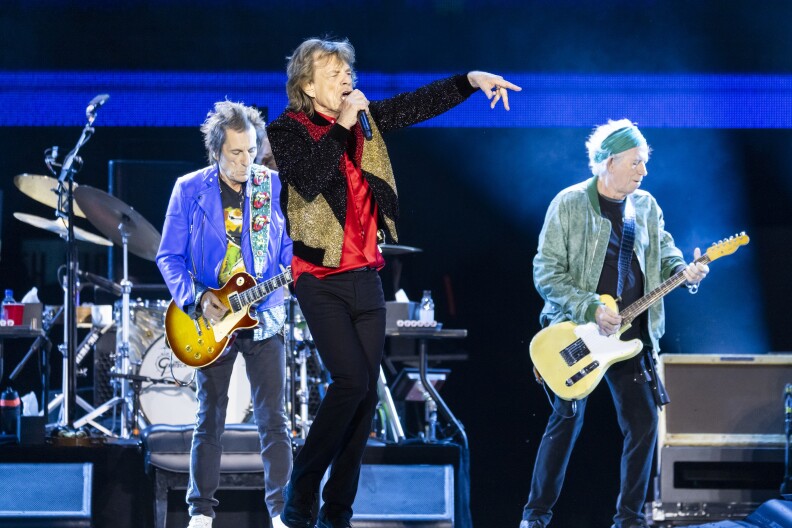 Ronnie Wood, Mick Jagger and Keith Richards of the Rolling Stones perform on stage during the Stones Tour '24.