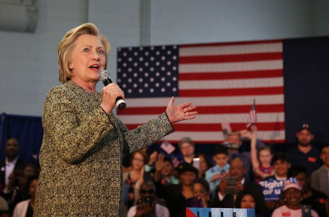 INDIANAPOLIS, IN - MAY 01:  Democratic presidential candidate Hillary Clinton speaks during a campaign stop at the Douglass Park Gynasium on May 1, 2016 in Indianapolis, Indiana. Presidential candidates continue to campaign across the state leading up to Indiana's primary day on May 3.  (Photo by Joe Raedle/Getty Images)