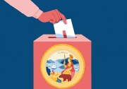 Graphic of a person's hand placing a ballot in a ballot box decorated with the California state seal