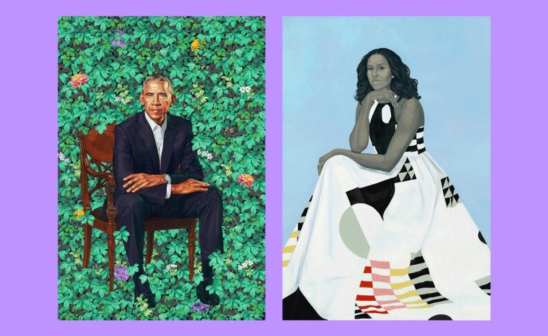 the painting on the left depicts barack obama sitting in a chair surrounded by green leaves. the painting on the right depicts michelle obama sitting and wearing a long white dress with black, red, pink and yellow geometric patterns on it