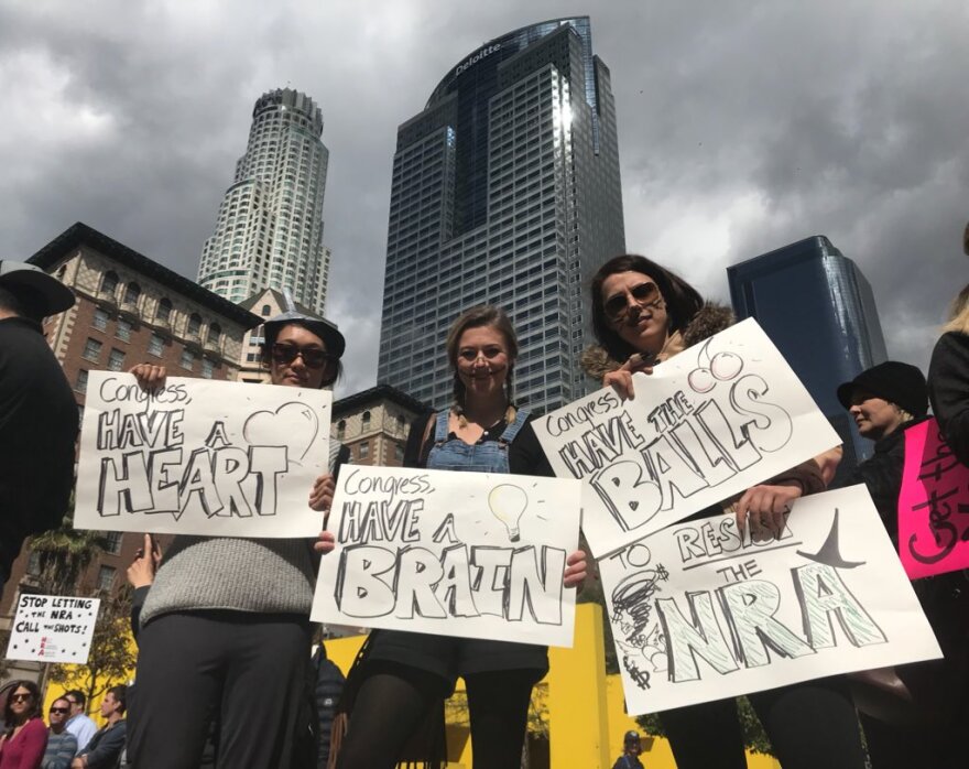A Parkland shooting protest in downtown Los Angeles Monday brought out three friends asking Congress to act on gun control.